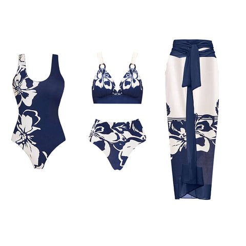 V Neck High Waist Bikini Blue Print Swimsuit Set(s)