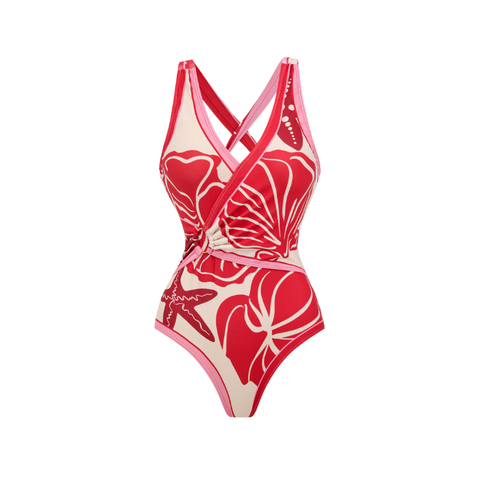 Pink Contrasting Color With Seashell Print Swimsuit Set(s)