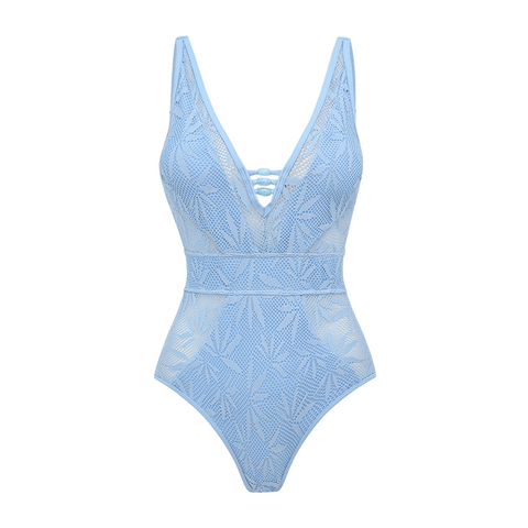 V-neck Blue Lace Hollow Out Swimsuit Set(s)	