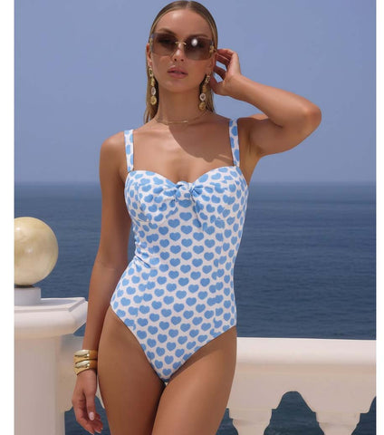 Bowknot Heart Print One Piece Swimsuit and Skirt	