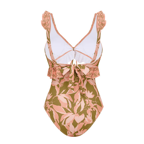 Ruffle Lace Up Cut Out Printed Swimsuit Set(s)