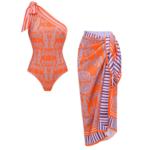 One Shoulder Bow Tie Striped Tribal Print Swimsuit Set(s)