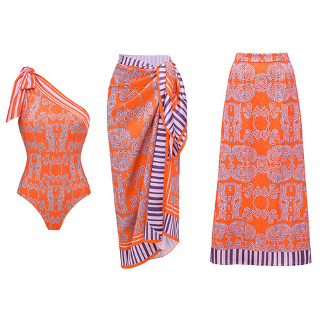 One Shoulder Bow Tie Striped Tribal Print Swimsuit Set(s)