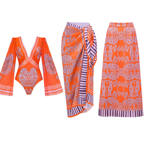 V Neck Long Sleeves Tribal Print Swimsuit Set(s)