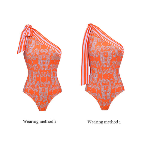 One Shoulder Bow Tie Striped Tribal Print Swimsuit Set(s)