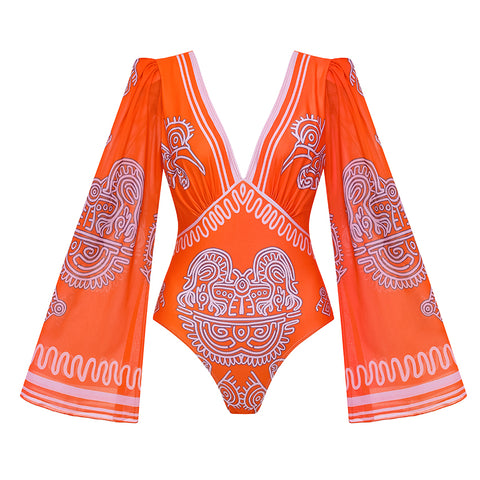 V Neck Long Sleeves Tribal Print Swimsuit Set(s)