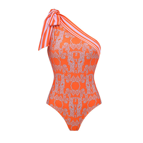 One Shoulder Bow Tie Striped Tribal Print Swimsuit Set(s)