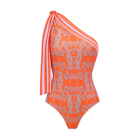 One Shoulder Bow Tie Striped Tribal Print Swimsuit Set(s)