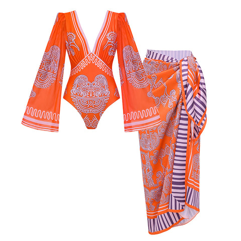 V Neck Long Sleeves Tribal Print Swimsuit Set(s)