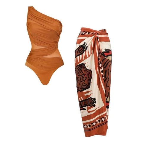 One Shoulder Ruched Rust See Through One Piece Swimsuit and sarong