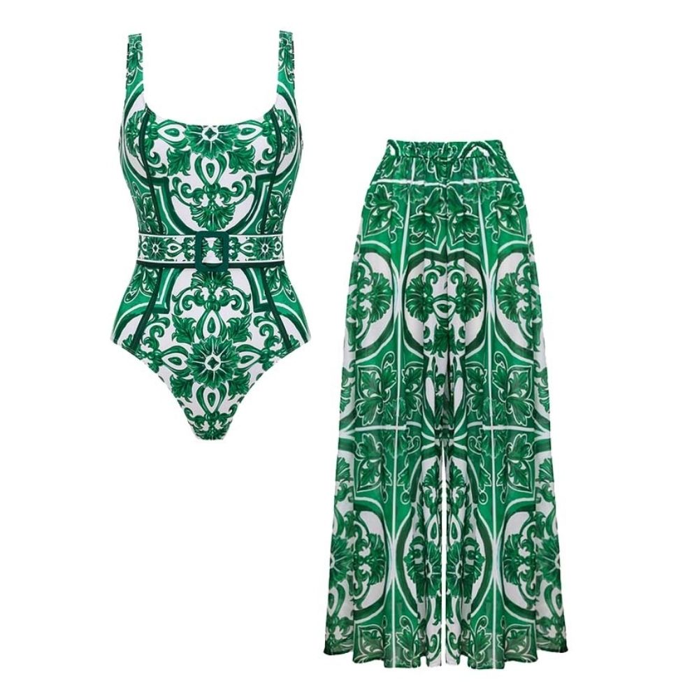 Classic Majolica Series Pattern Print One Piece Swimsuit and Pants or Skirt	