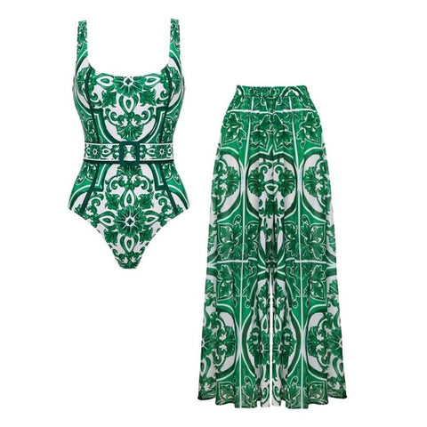 Classic Majolica Series Pattern Print One Piece Swimsuit and Pants or Skirt	
