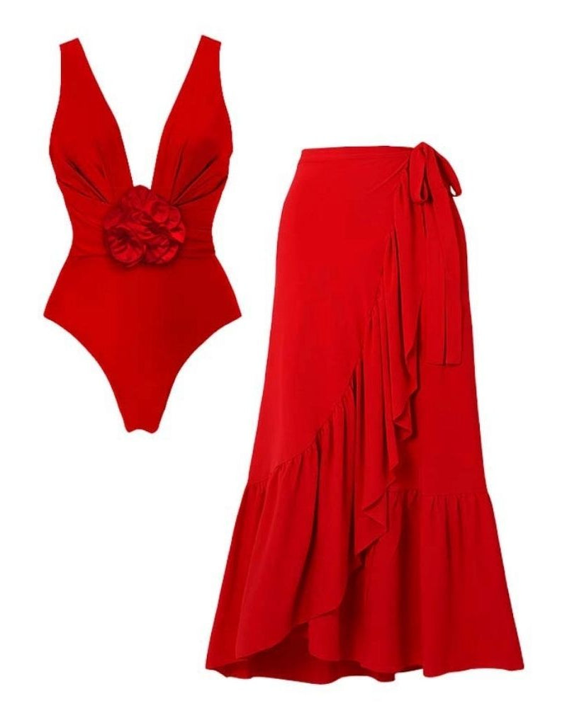 Detachable 3D Flower Red One Piece Swimsuit and Skirt