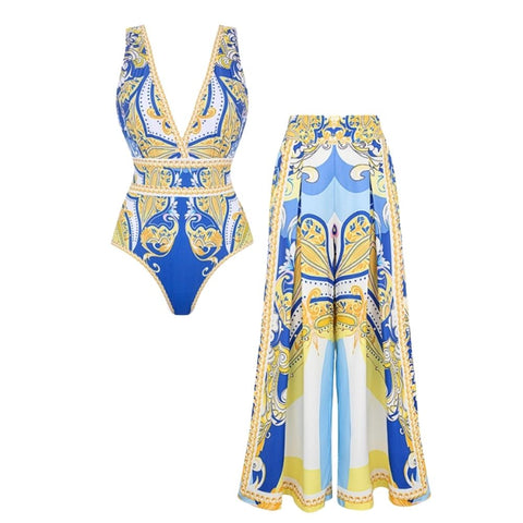 V Neck Pattern Print One Piece Swimsuit and sarong or Pants