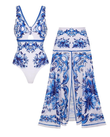 V Neck Majolica Print One Piece Swimsuit and Skirt or Pants