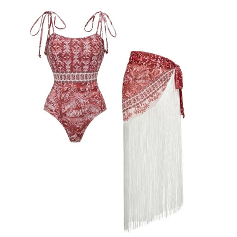 Tie-up Retro Forest Print One Piece Swimsuit and Skirt	