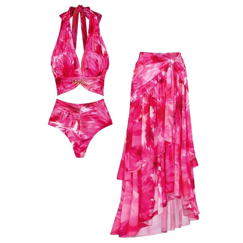 Floral Printed Halter Bikini Swimsuit and Skirt	