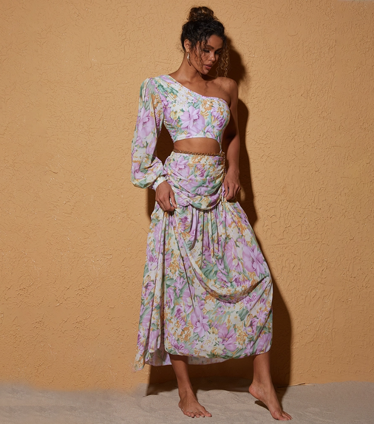 One Shoulder Cut out Blossom Printed One Piece Swimsuit and?skirt Flaxmaker	