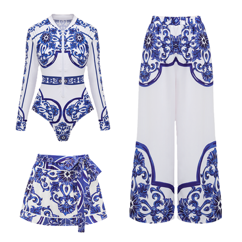 Surfing Wetsuit Classic Majolica Series Pattern Print One Piece Swimsuit and Pants or Shorts	