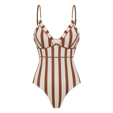 V-neck Brown stripes Print Swimsuit Set(s)