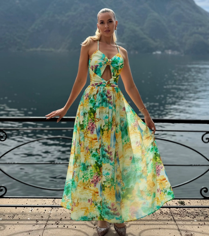 Landscape Prints Hollow One Piece Swimsuit and Skirt	