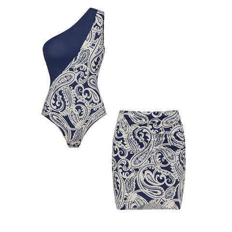 One Shoulder Blue Color Block Paisley Print Swimsuit Set(s)