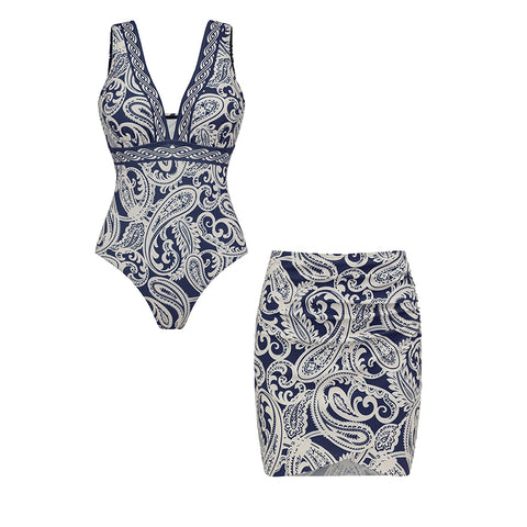 V Neck Blue Paisley Print Swimsuit Set(s)