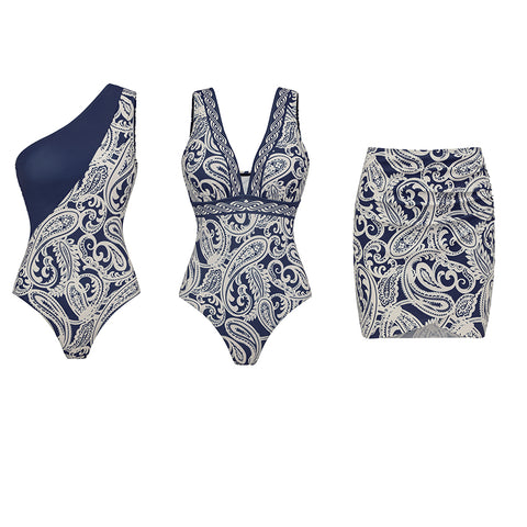 One Shoulder Blue Color Block Paisley Print Swimsuit Set(s)