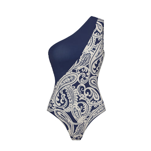 One Shoulder Blue Color Block Paisley Print Swimsuit Set(s)