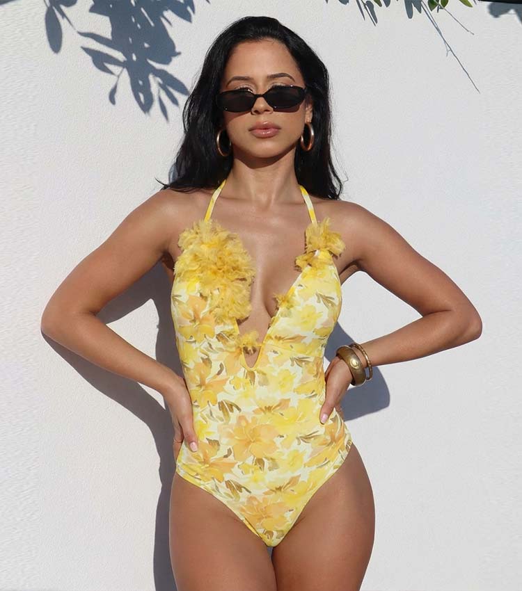 Appliques Yellow Lily Floral Print One Piece Swimsuit and Skirt	
