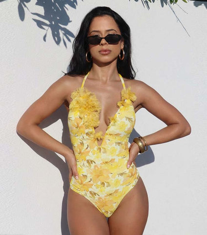Appliques Yellow Lily Floral Print One Piece Swimsuit and Skirt	