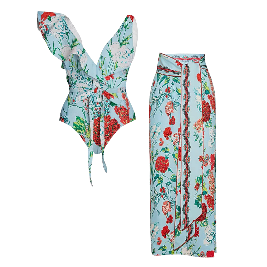 One Shoulder Printed One Piece Swimsuit and Skirt