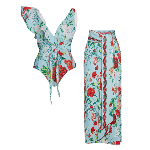 One Shoulder Printed One Piece Swimsuit and Skirt