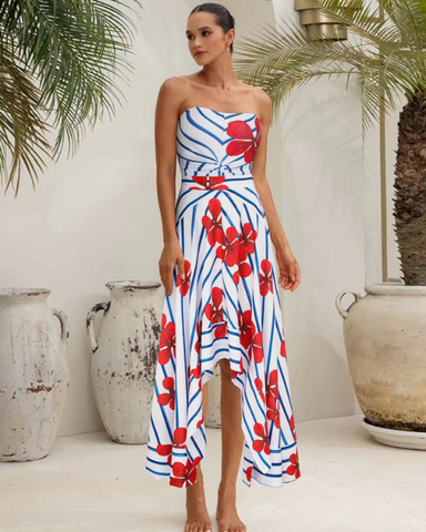 Off Shoulder Print One Piece Swimsuit and Skirt