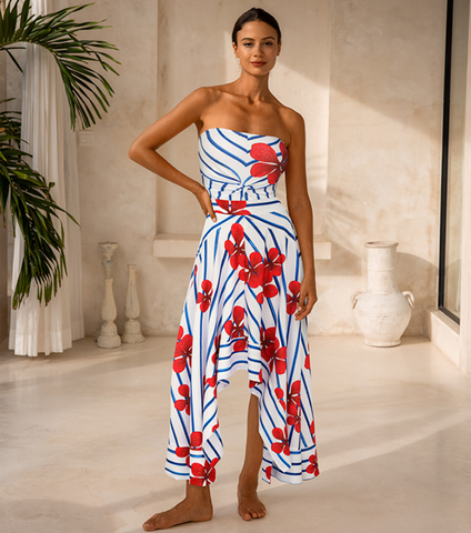 Off Shoulder Print One Piece Swimsuit and Skirt