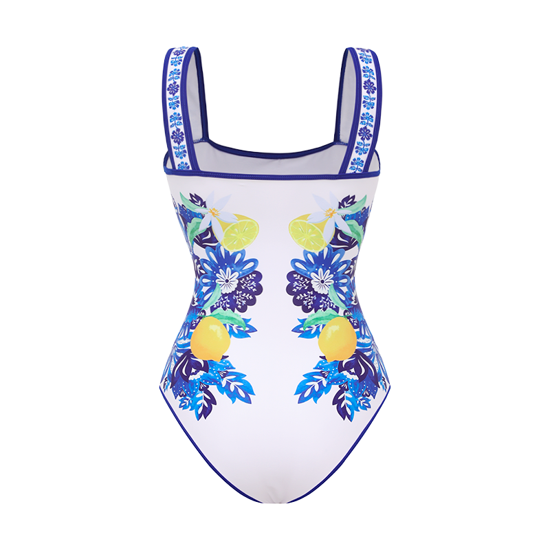 Sling Lemon and Creative Pattern Print One Piece Swimsuit and Skirt	