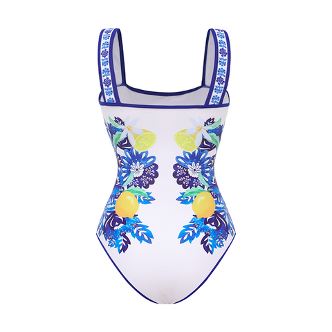 Sling Lemon and Creative Pattern Print One Piece Swimsuit and Skirt	