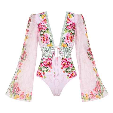 Long sleeves Bow-tie Lemon Floral Pattern Print One Piece Swimsuit and Skirt