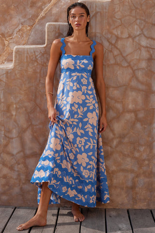 Floral Printed Wave Bandeau Fashion Maxi Dress