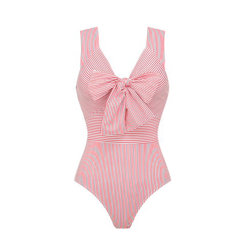 Bowknot Striped Print One Piece Swimsuit and Skirt