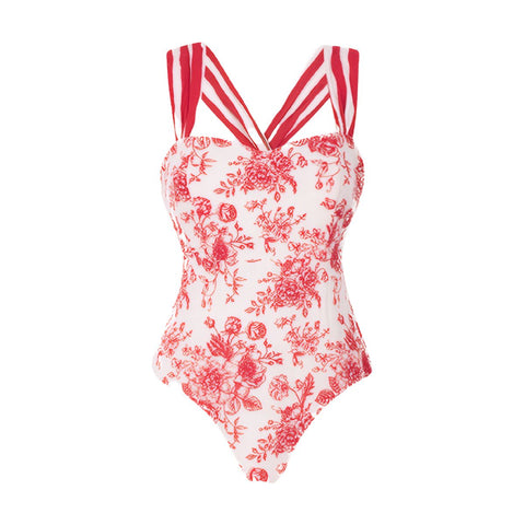 Cross Straps Printed One Piece Swimsuit and Skirt