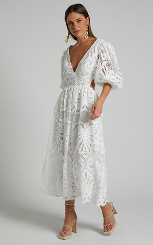 V Neck Puff Sleeve Lace Dress