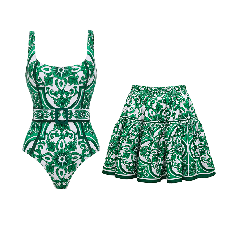 Classic Majolica Series Pattern Print One Piece Swimsuit and Pants or Skirt	