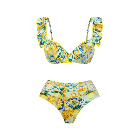 Lemon Print Ruffle Strap Bikini Swimsuit and Mesh Splicing Sarong