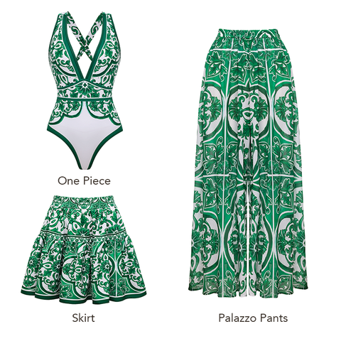 V Neck Classic Majolica Series Pattern Print One Piece Swimsuit and Pants or Skirt	