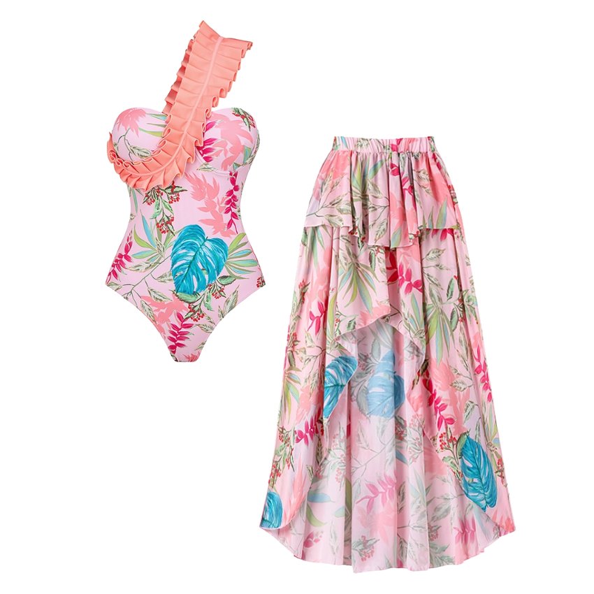 One Shoulder Floral Print One Piece Swimsuit and Skirt