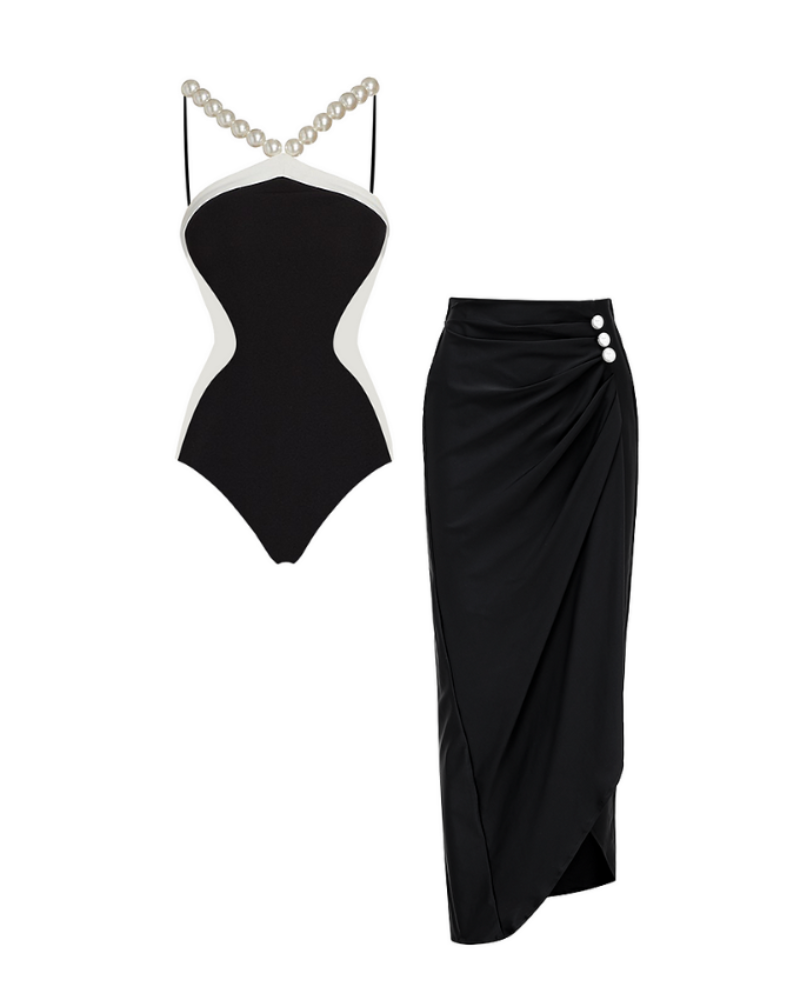 Halter Artificial Pearl Chain One Piece Swimsuit and Skirt
