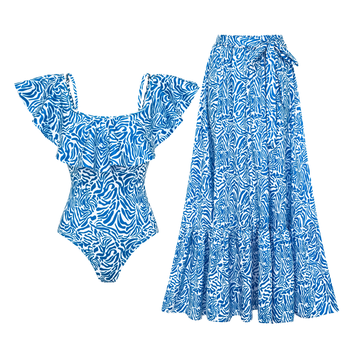 Ruffle Printed One Piece Swimsuit and Skirt	