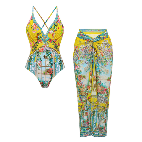 V-neck Straps Bougainville Print Swimsuit Set(s)	
