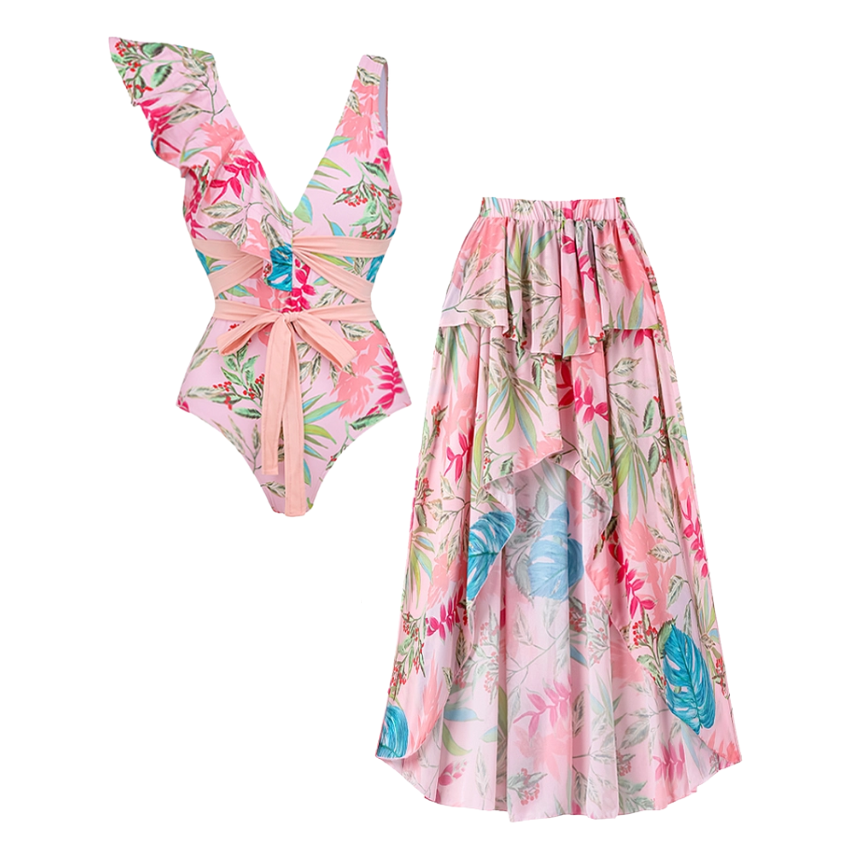 One Shoulder Ruffle Floral Print One Piece Swimsuit and Skirt